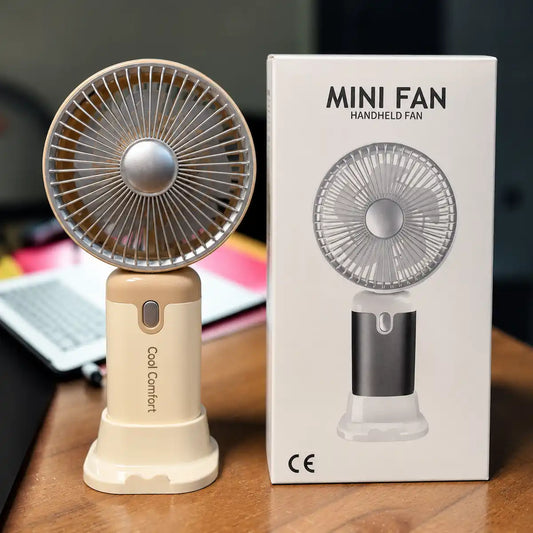 Mini Handheld Fan With Stand – 3 Speeds, USB Rechargeable
