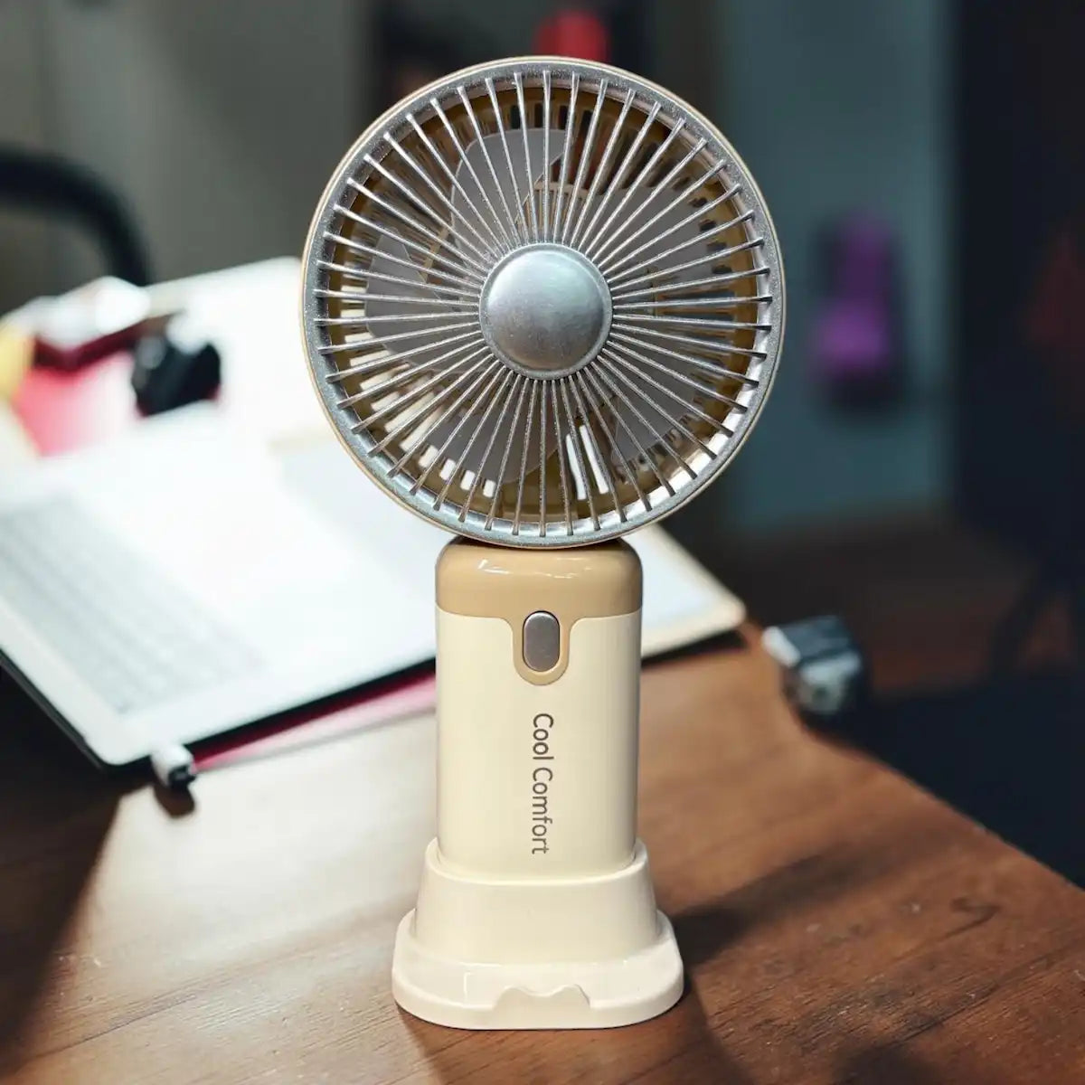 Mini Handheld Fan With Stand – 3 Speeds, USB Rechargeable