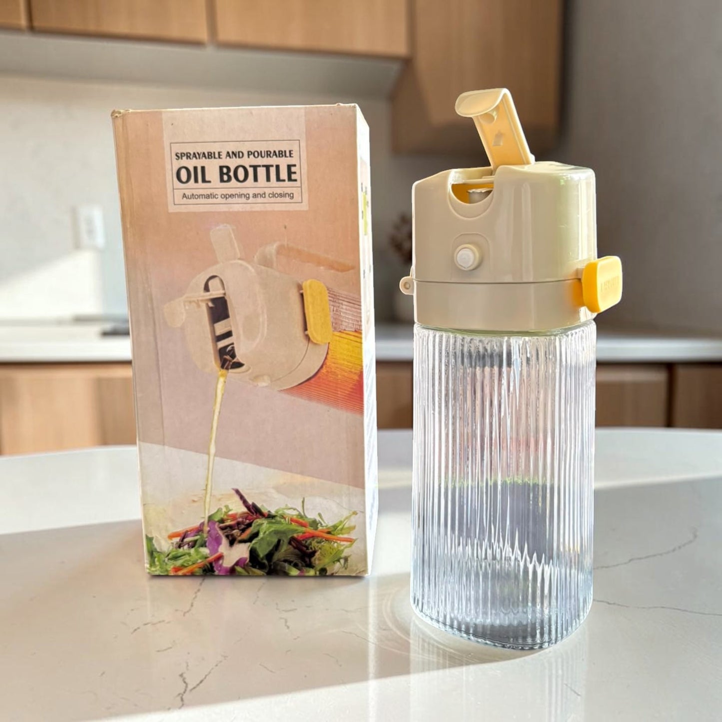 Sprayable & Pourable Glass Oil Bottle – Automatic Open/Close Dispenser