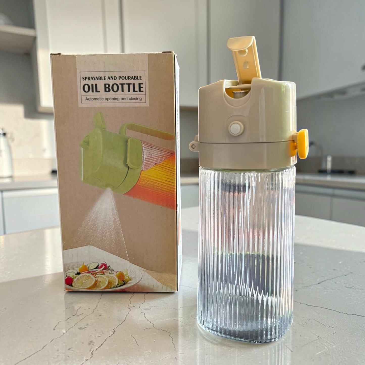 Sprayable & Pourable Glass Oil Bottle – Automatic Open/Close Dispenser