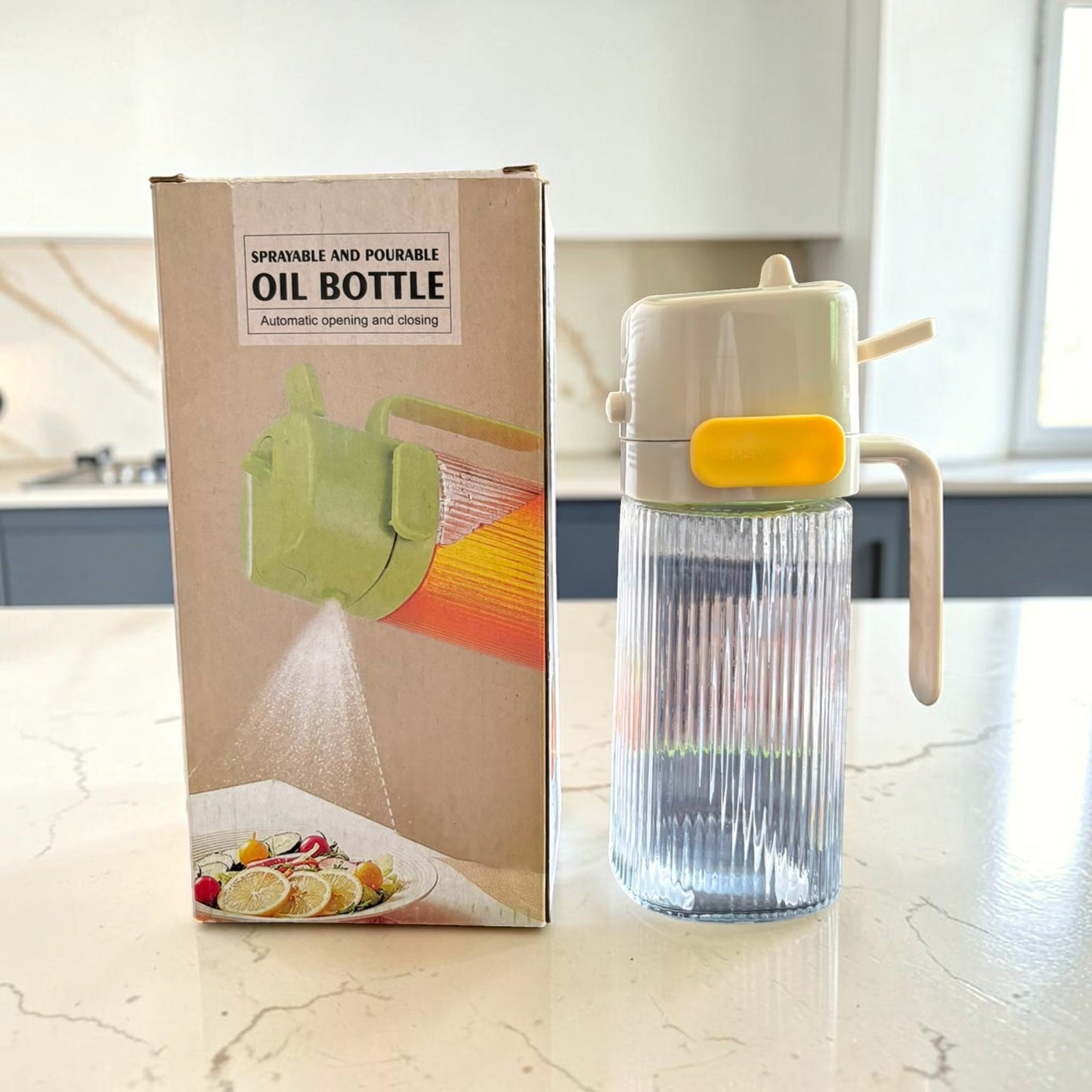 Sprayable & Pourable Glass Oil Bottle – Automatic Open/Close Dispenser