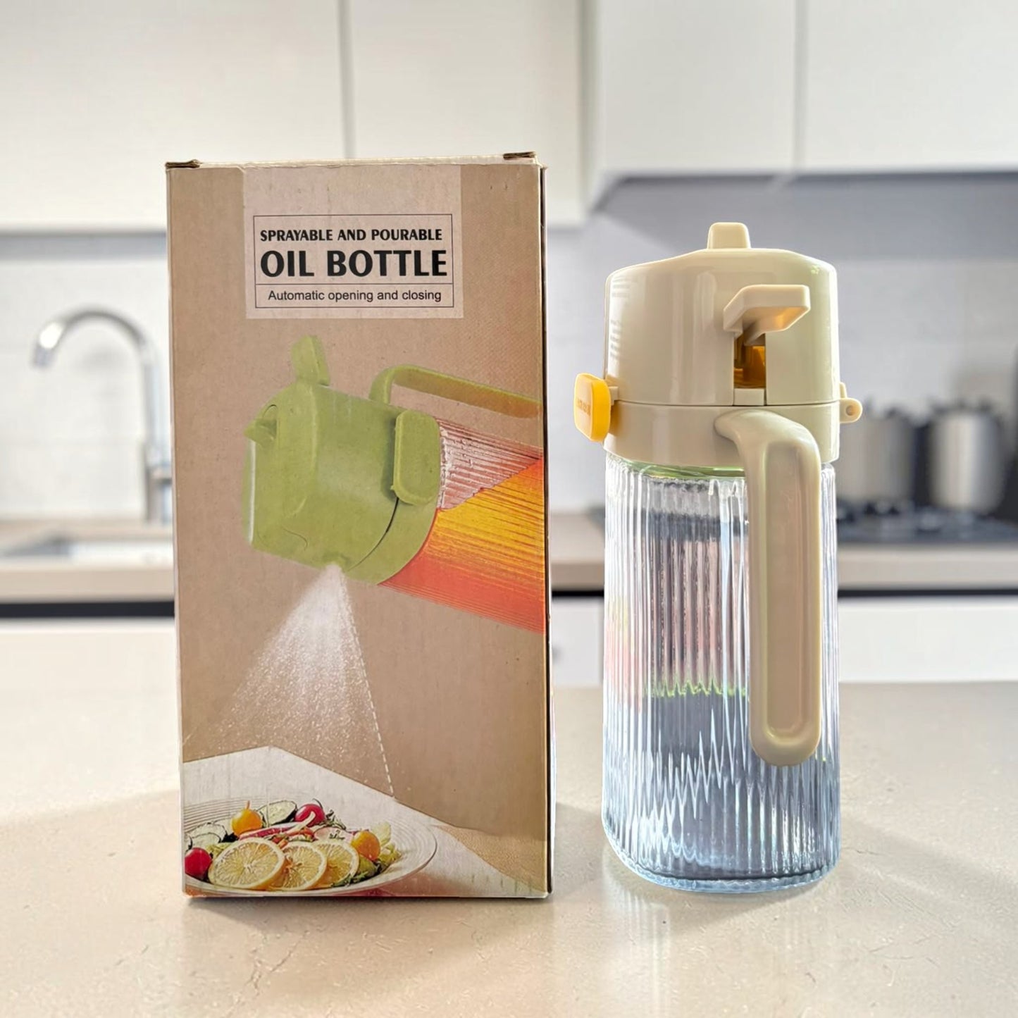 Sprayable & Pourable Glass Oil Bottle – Automatic Open/Close Dispenser
